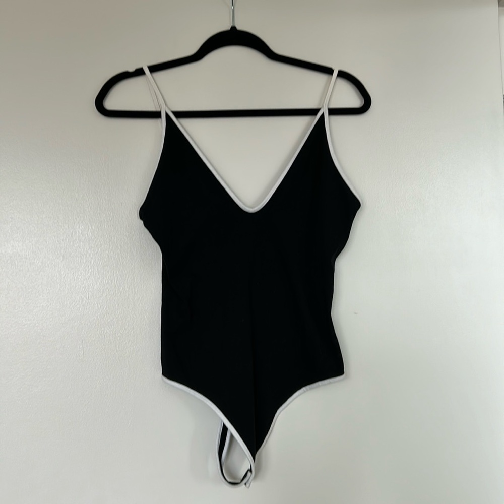 Express Black Tipped Low Cut Bodysuit, Medium